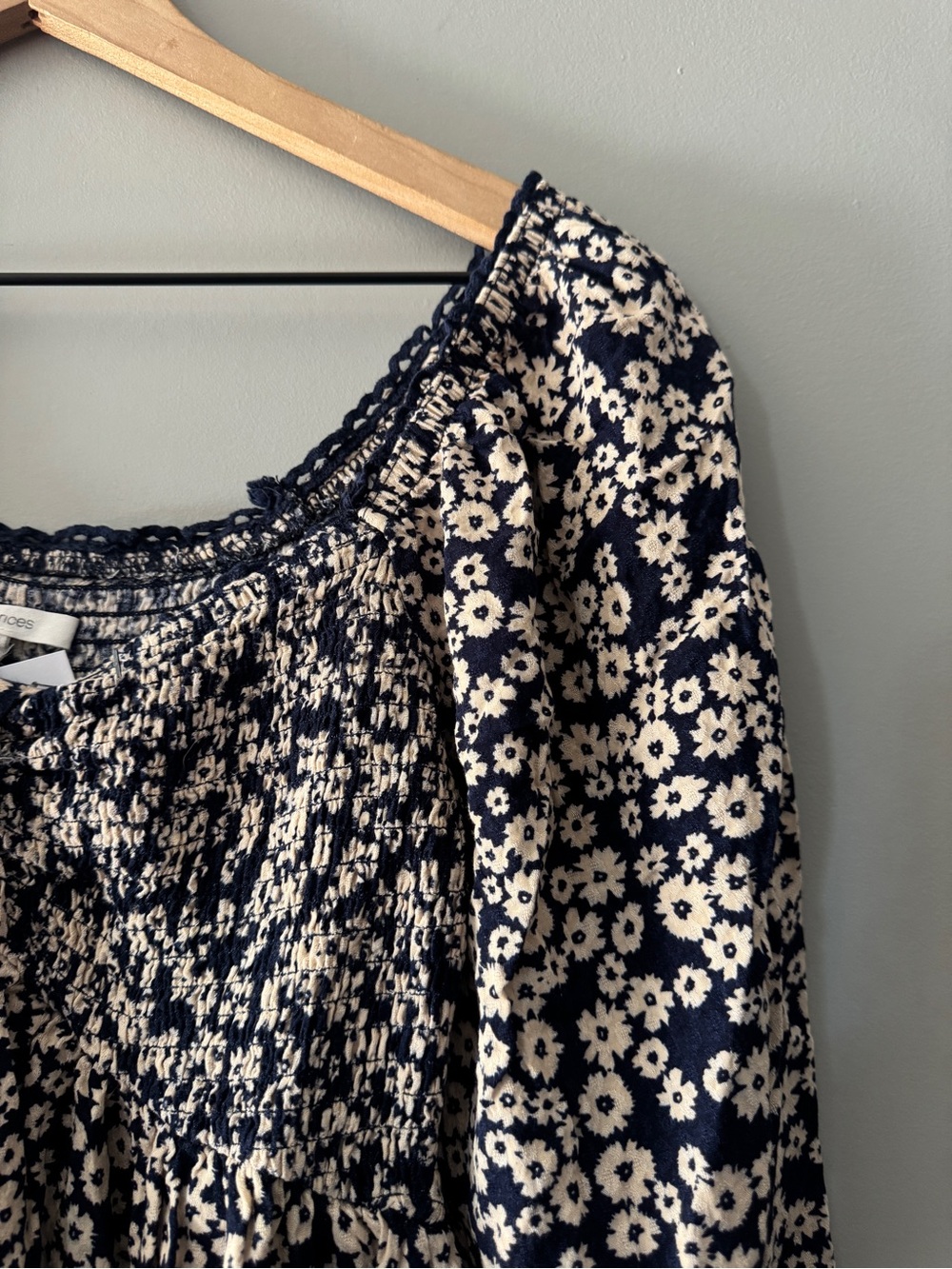 Maurices | Navy and Cream Floral Smocked Peasant Top | XS - Picture 2 of 4